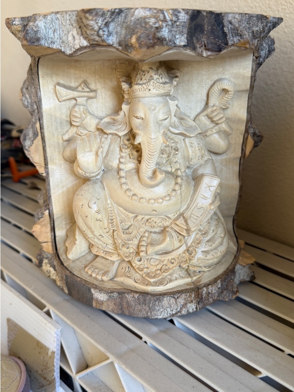 Bali Carved Ganesha Sculpture in Natural Beige and Brown